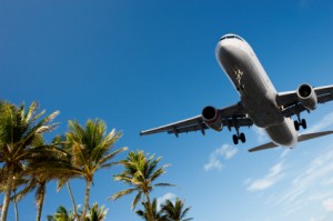 Airliner landing and passing over palm trees
