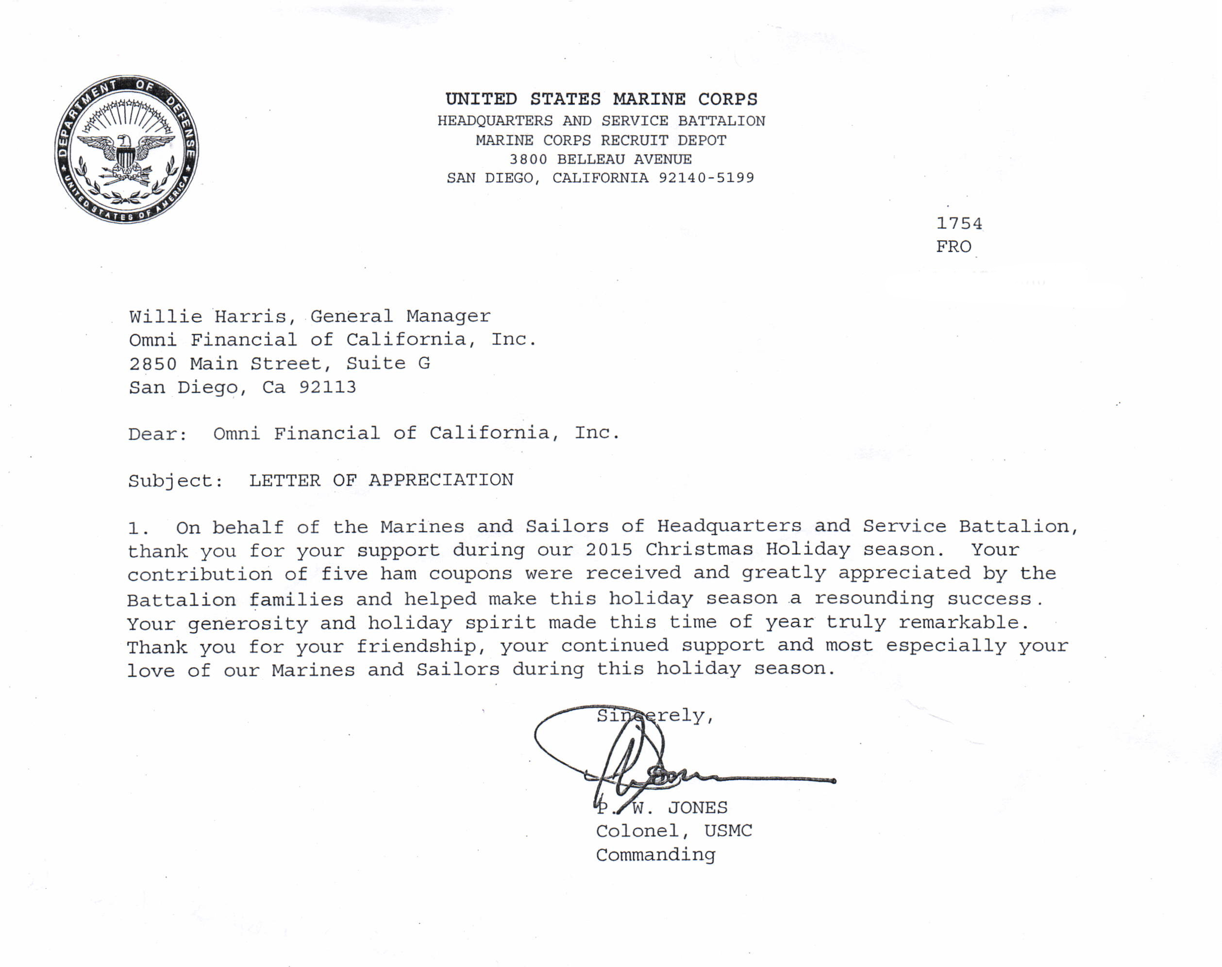 Marine Corps Letter Of Appreciation