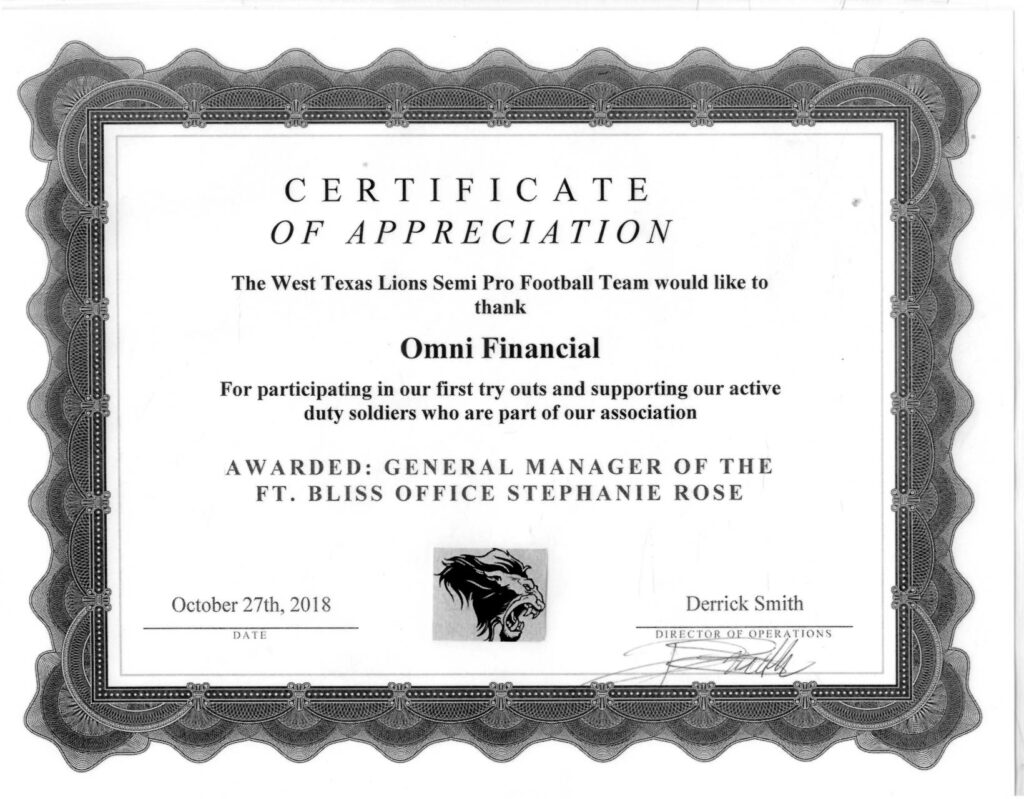 West Texas Lions Semi-Pro Football Organization Certificate of Appreciation April 27, 2018