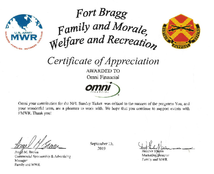 MWR Sunday NFL Football Certificate of Appreciation