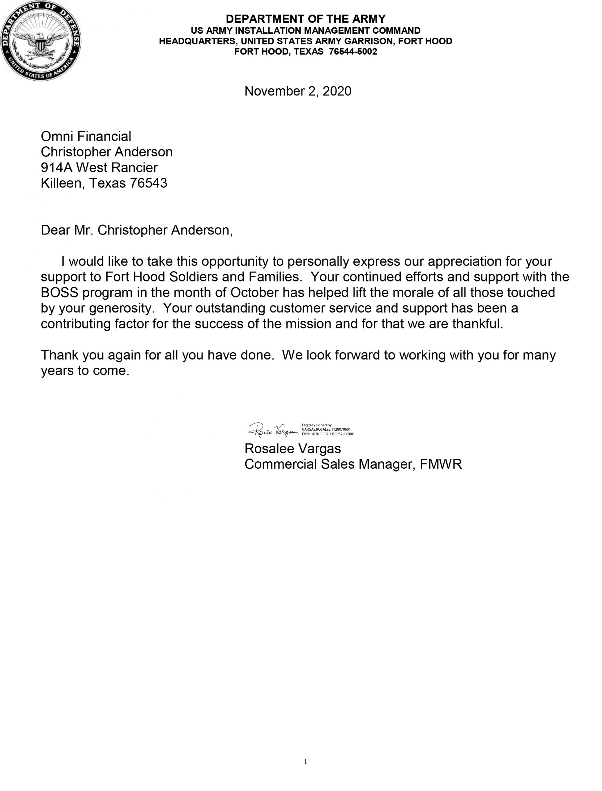Boss Program Letter of Appreciation