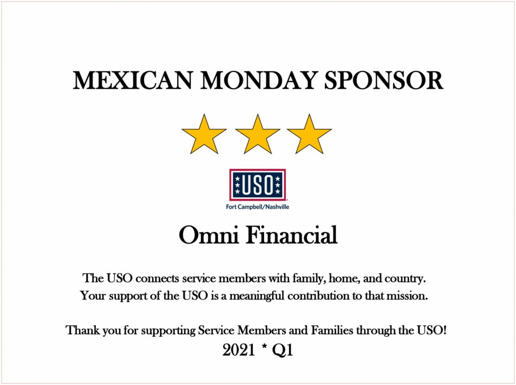 USO Monday Lunch Sponsor Certificate of Appreciation