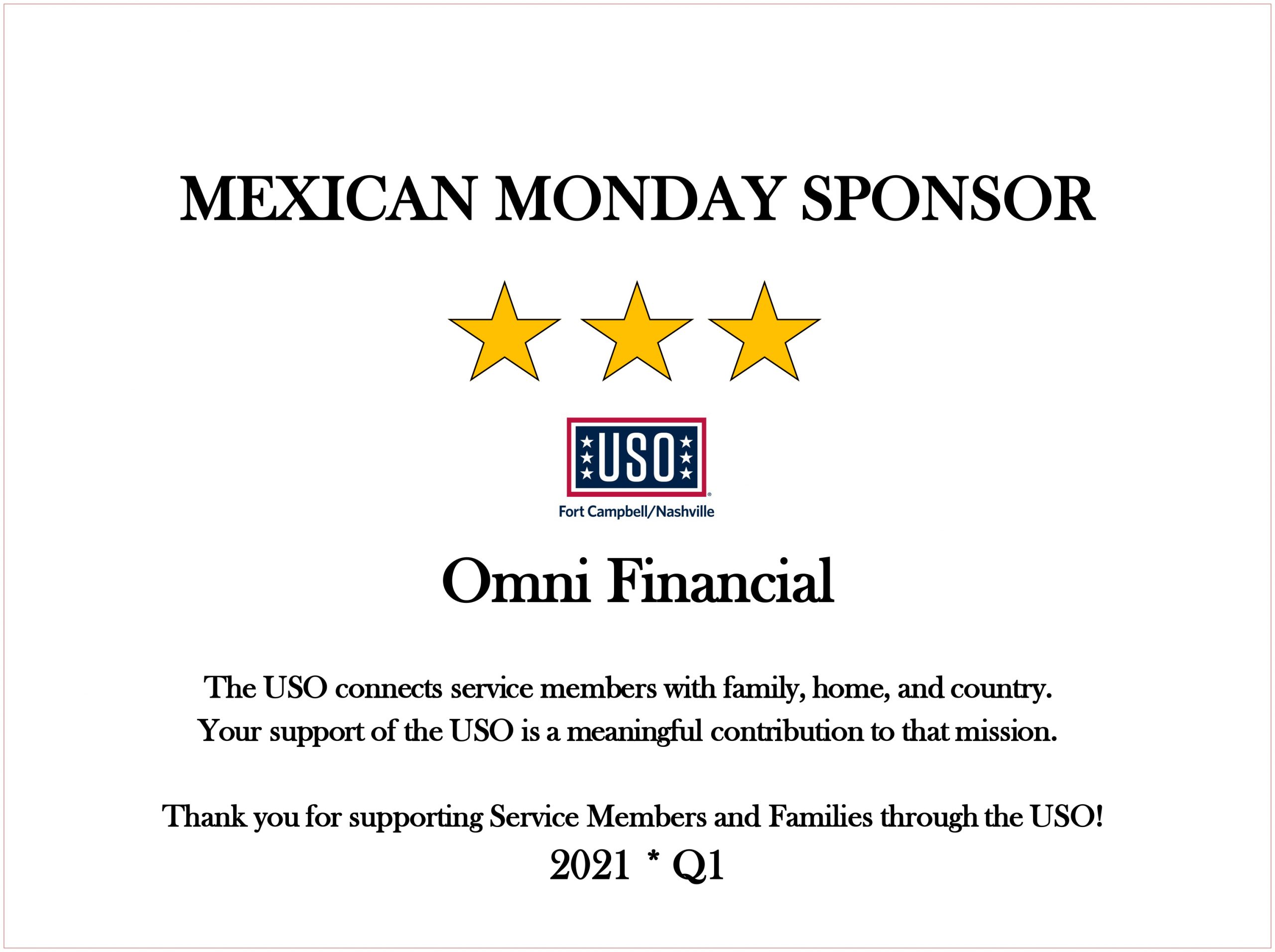 USO Monday Lunch Sponsor Certificate of Appreciation