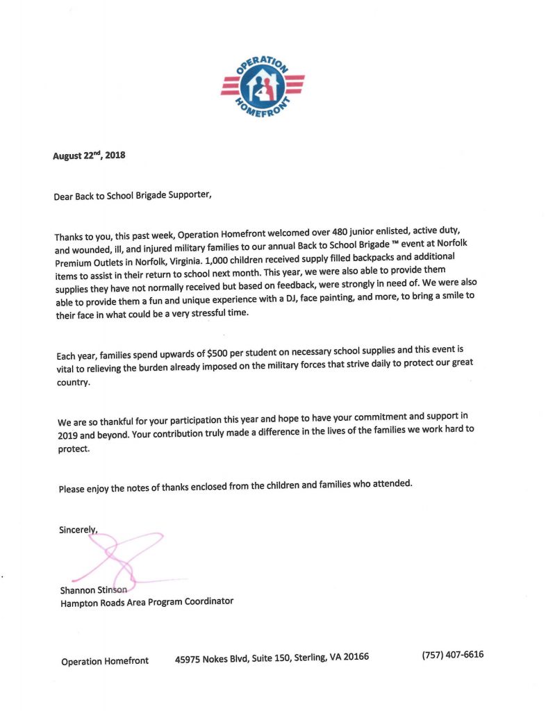 Back to School Brigade Letter Of Appreciation August 2018