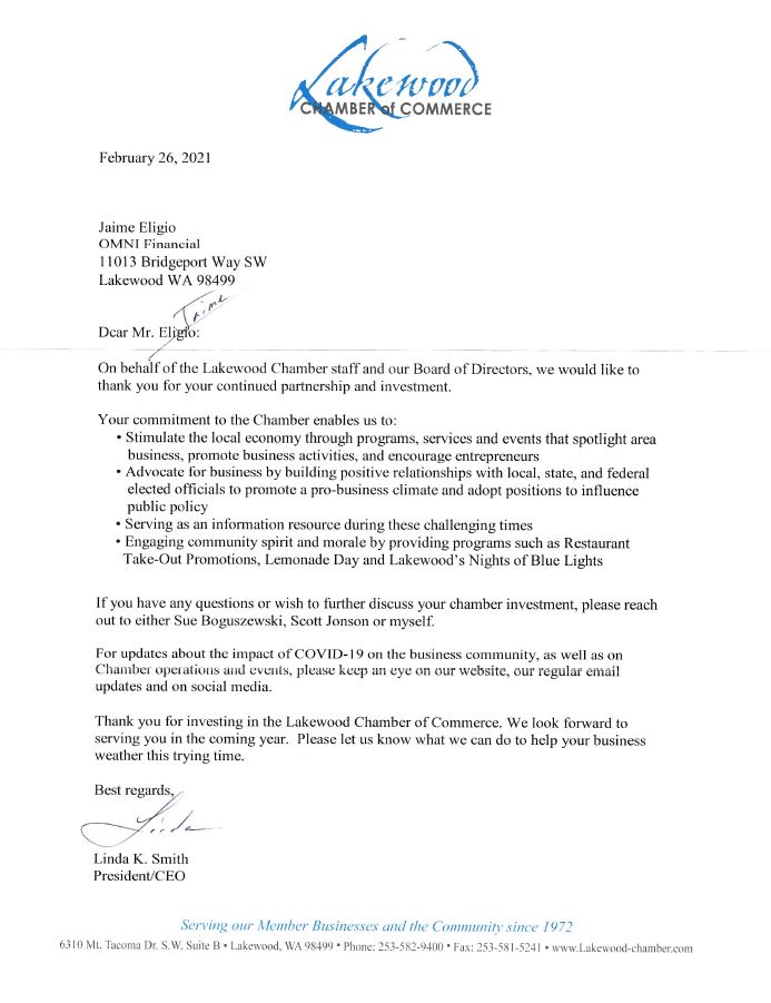 Chamber of Commerce Thank You Letter