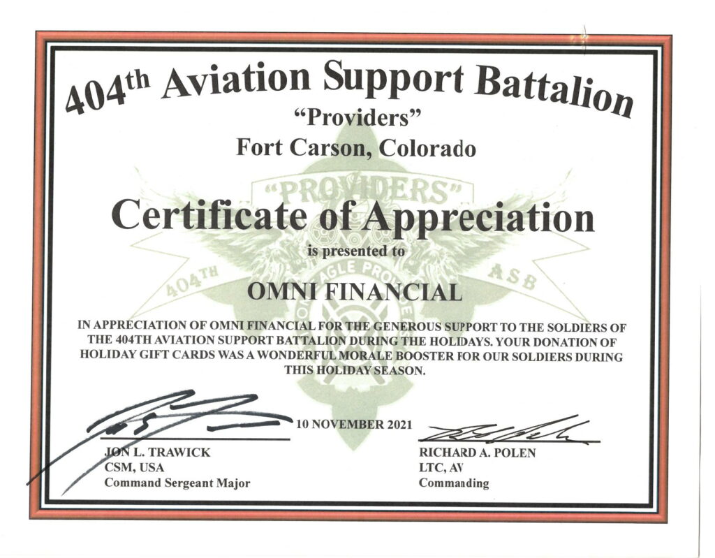 404th Aviation Support Battalion Cetificate of Appreciation