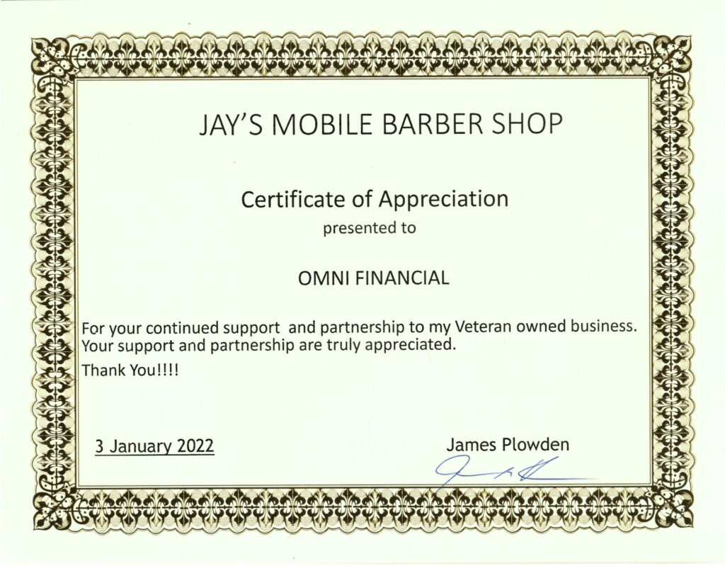 Jay’s Mobile Barber Shop Certificate of Appreciation