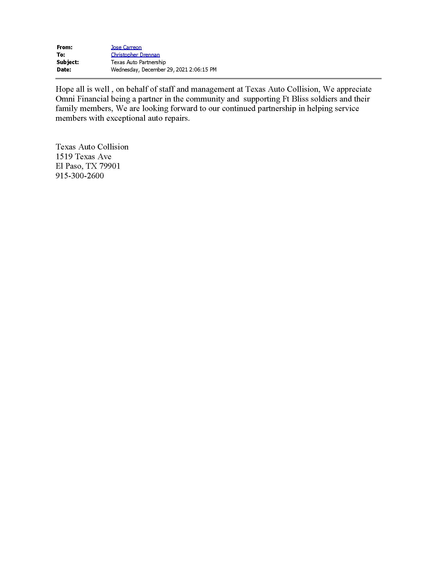 Texas Auto Partnership Letter of Appreciation