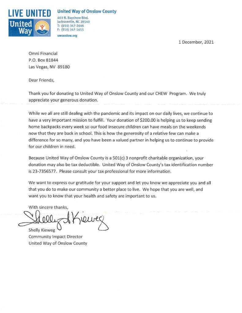 CHEW United Way Thank you Letter