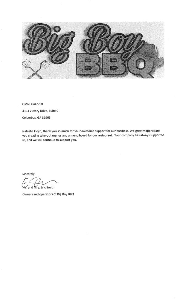Big Boy BBQ Letter of Appreciation