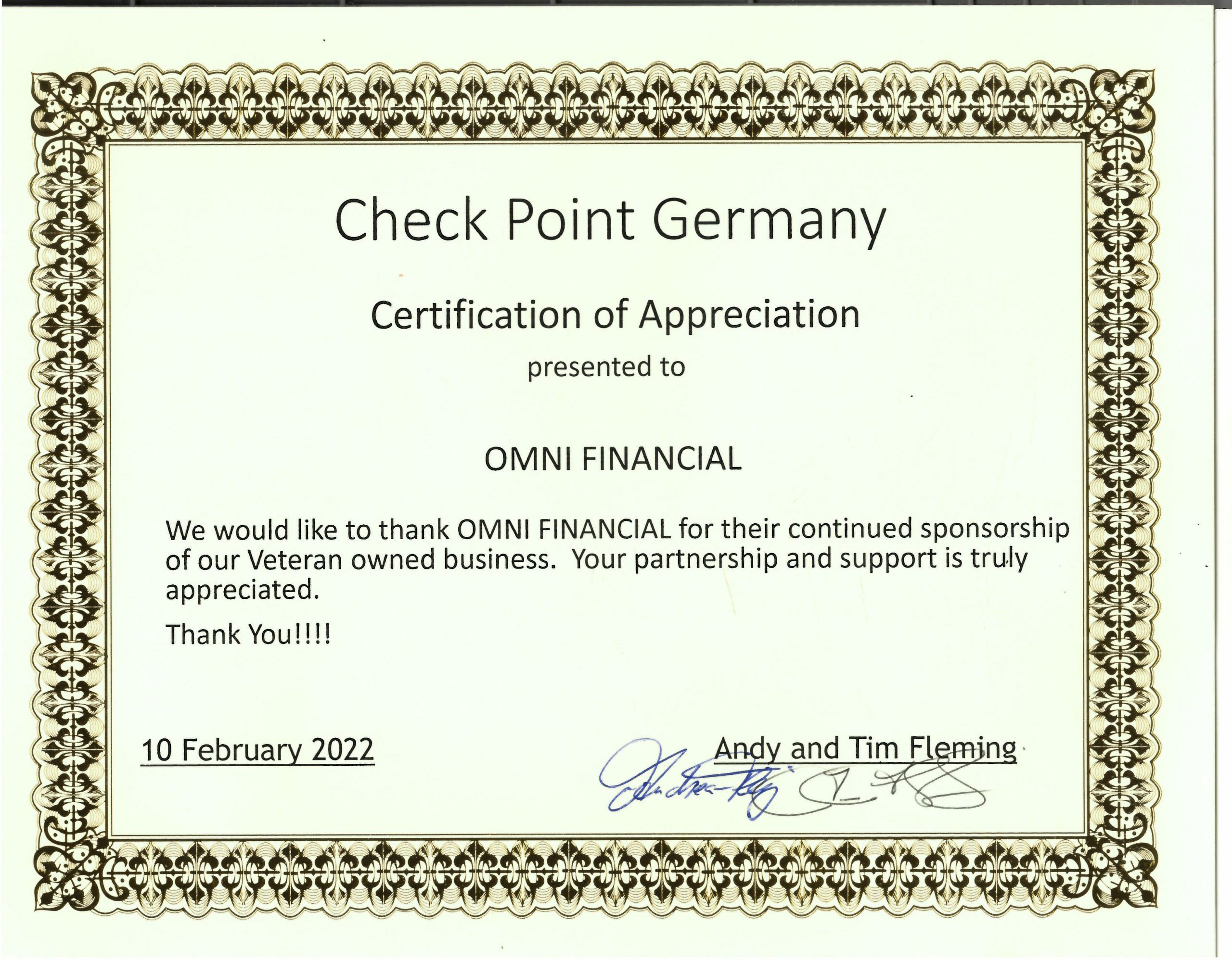 Check Point Germany Certificate of Appreciation