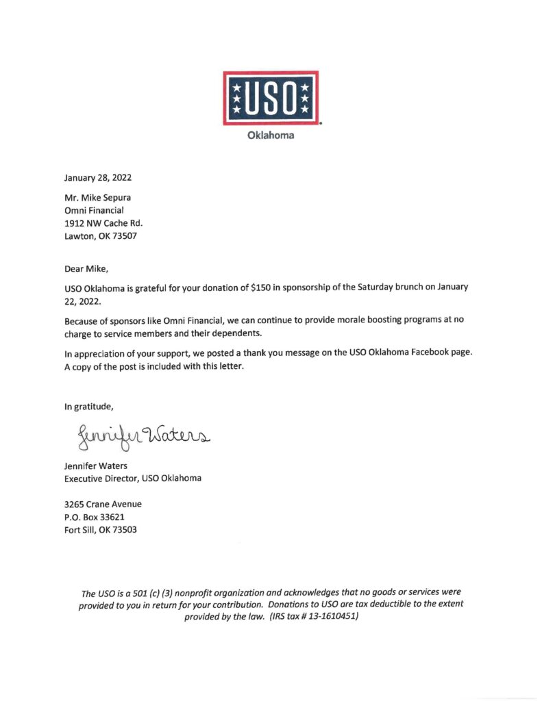 USO Saturday Brunch Thank You Letter