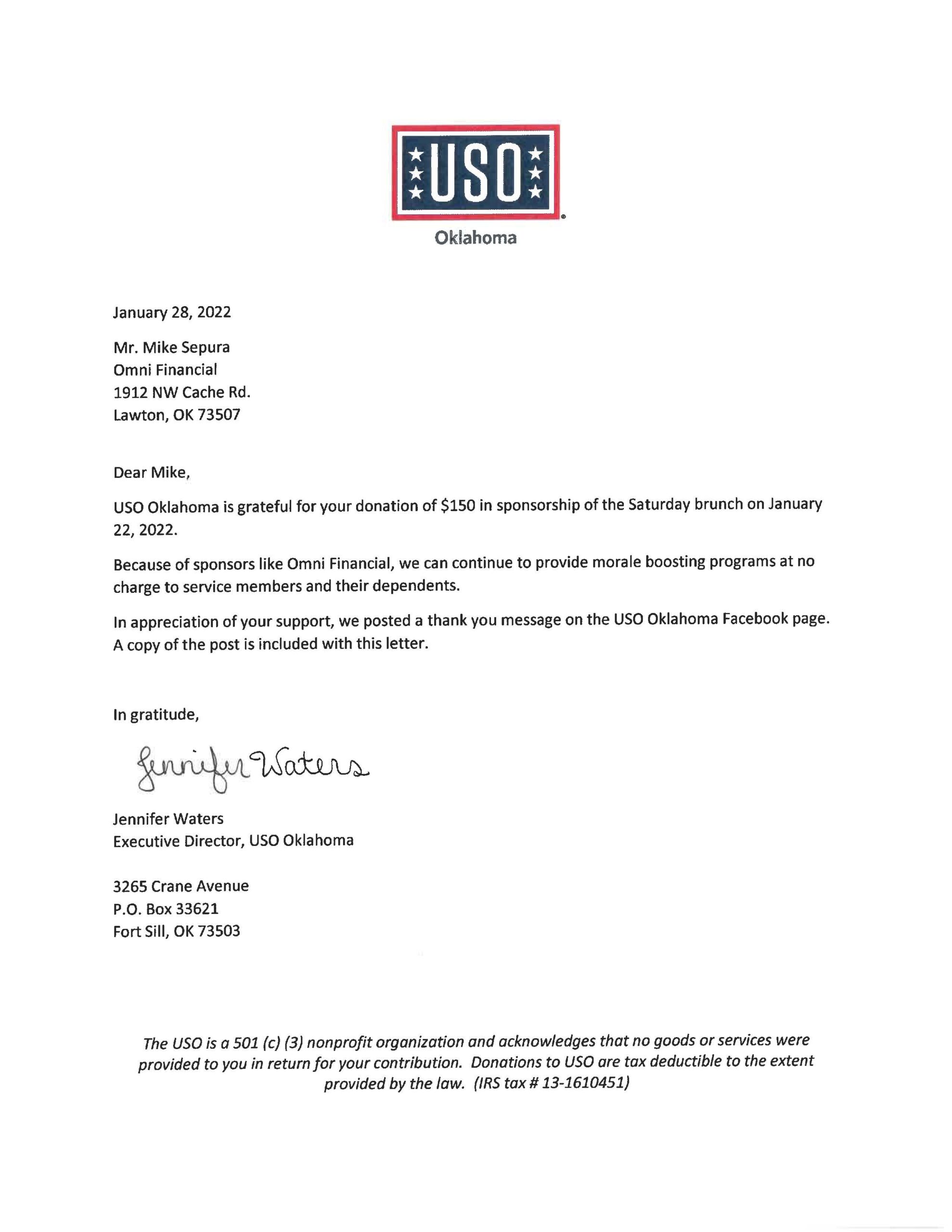 USO Saturday Brunch Thank You Letter