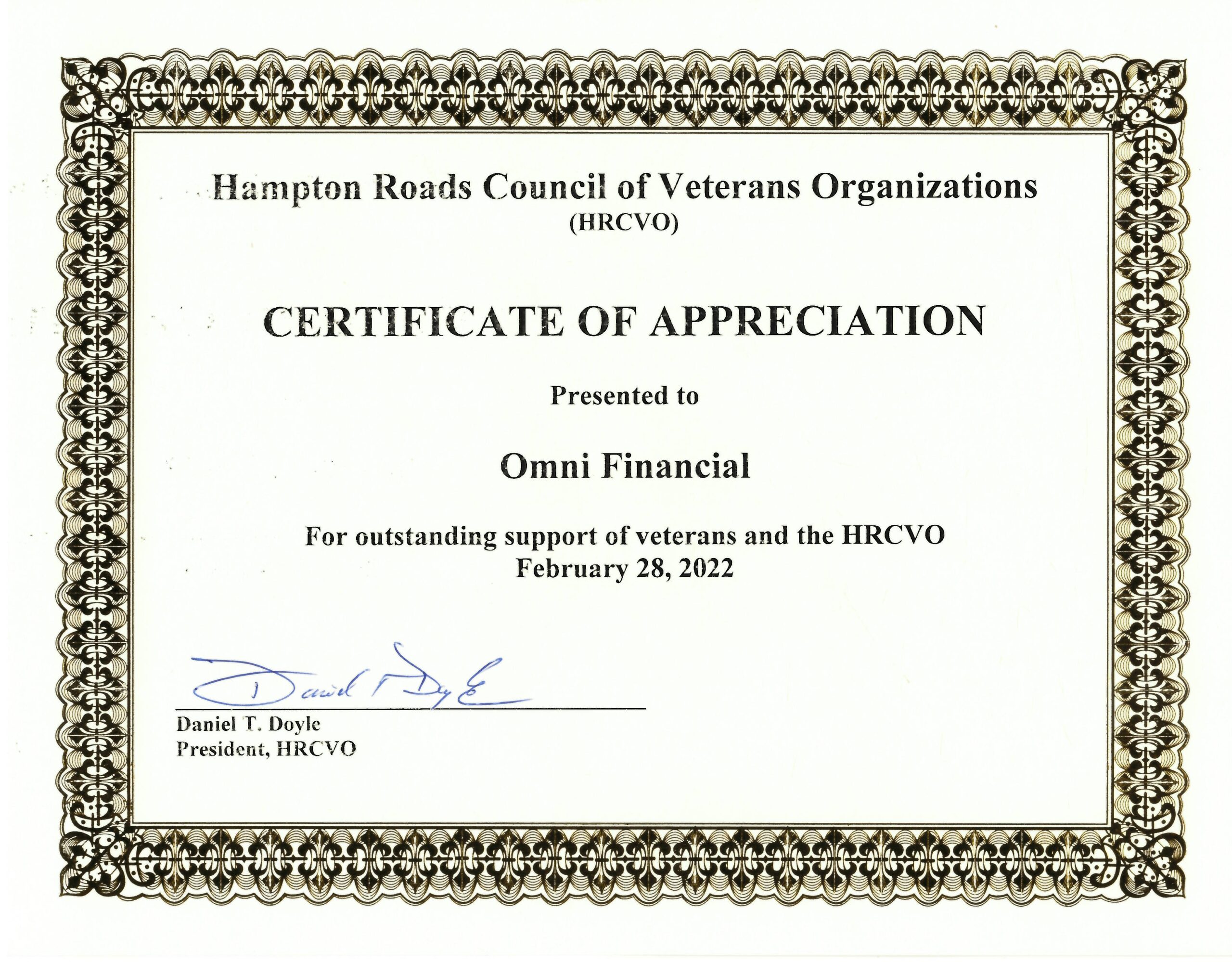 HRCVO Certificate of Appreciation