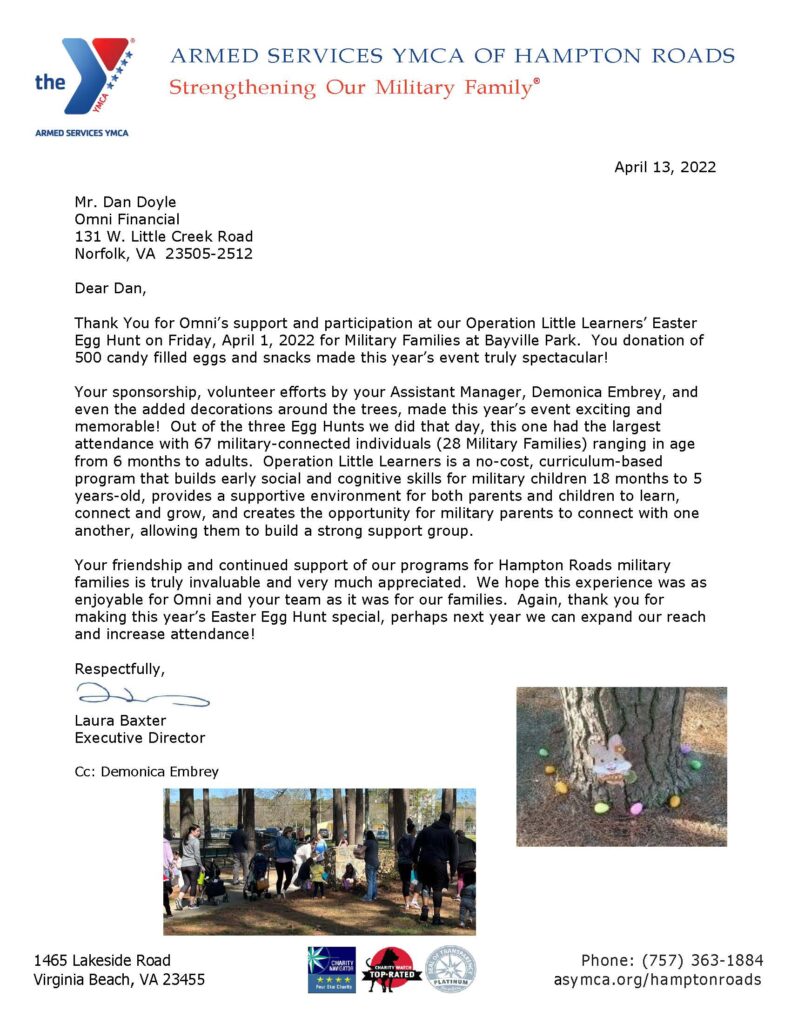 ASYMCA Little Learners Egg Hunt Thank You Letter
