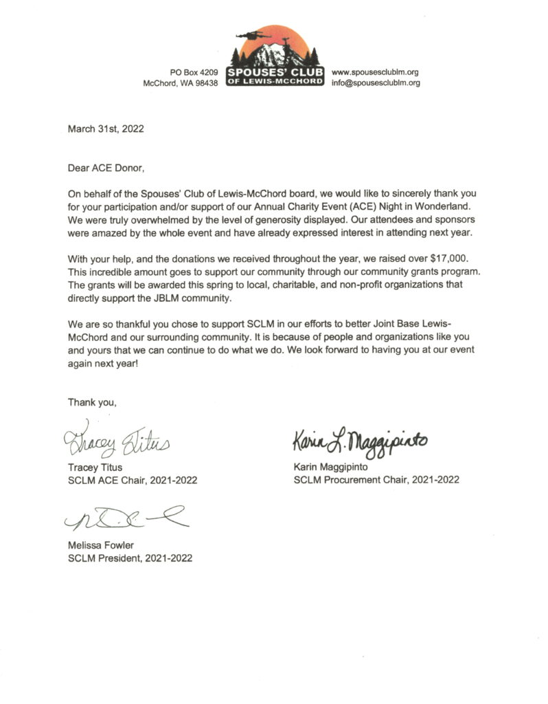 Spouses’ Club of Lewis-McChord Thank You Letter