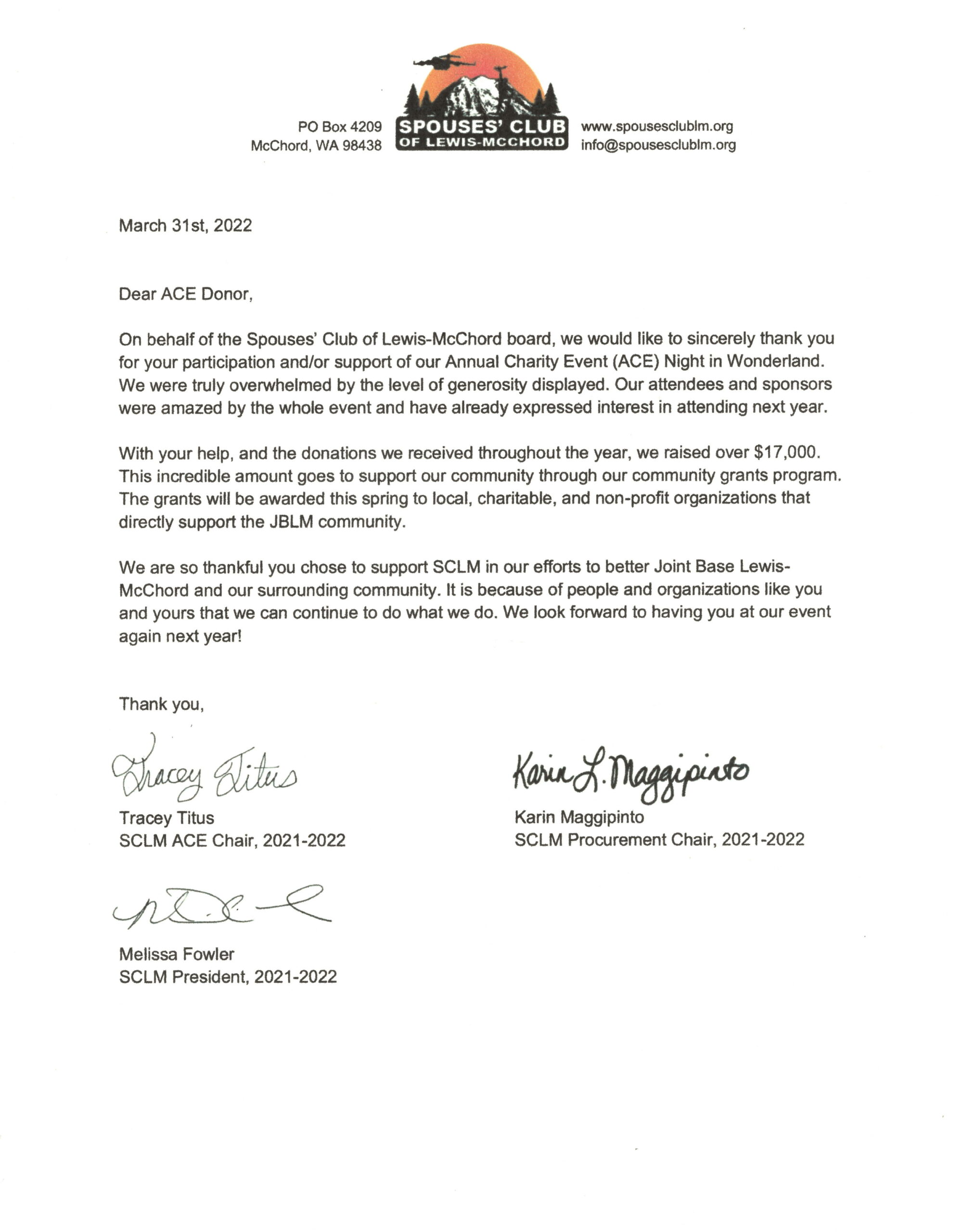 Spouses’ Club of Lewis-McChord Thank You Letter