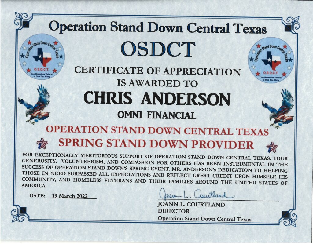 Operation Stand Down Certificate of Appreciation