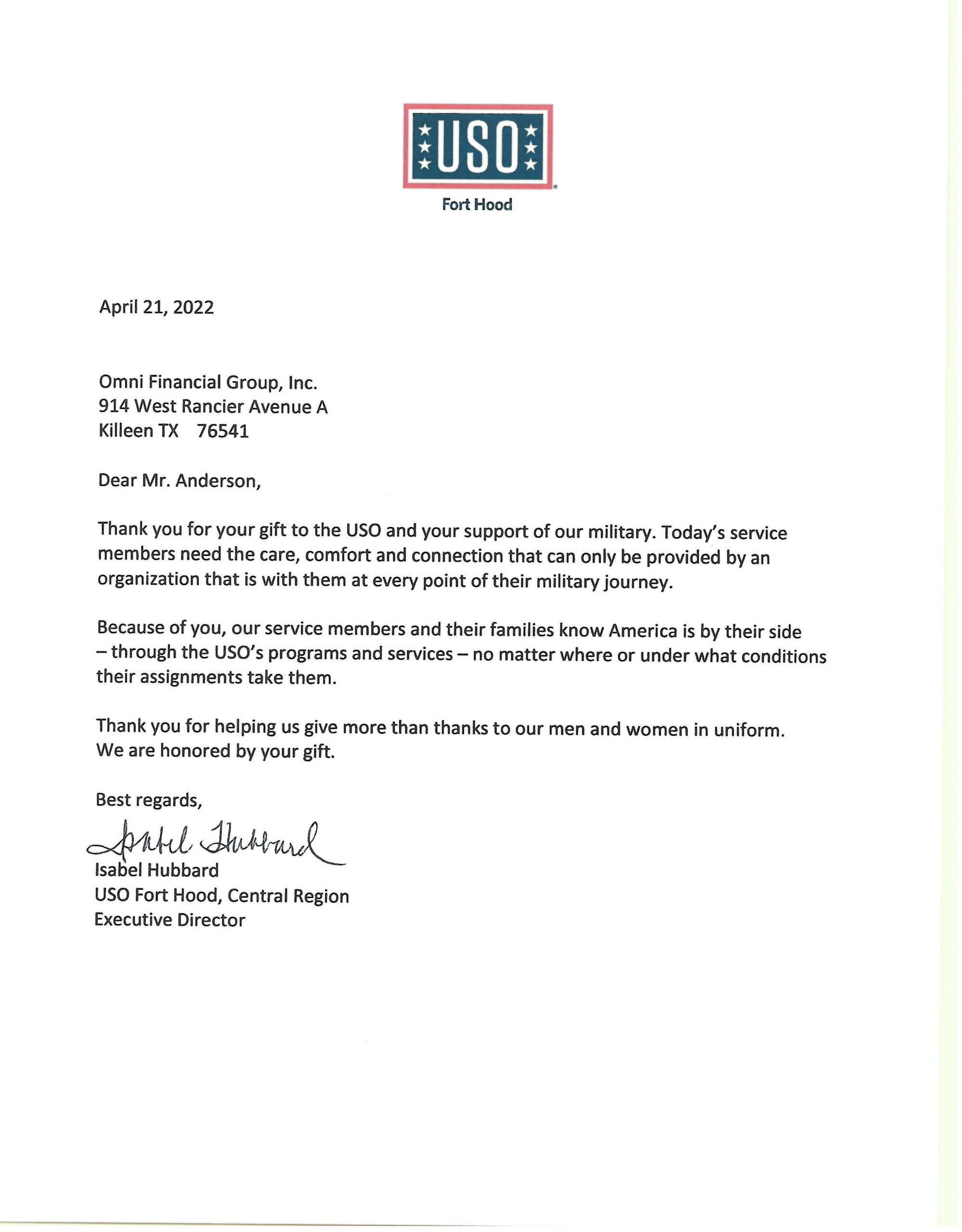 USO Sponsorship Thank You Letter