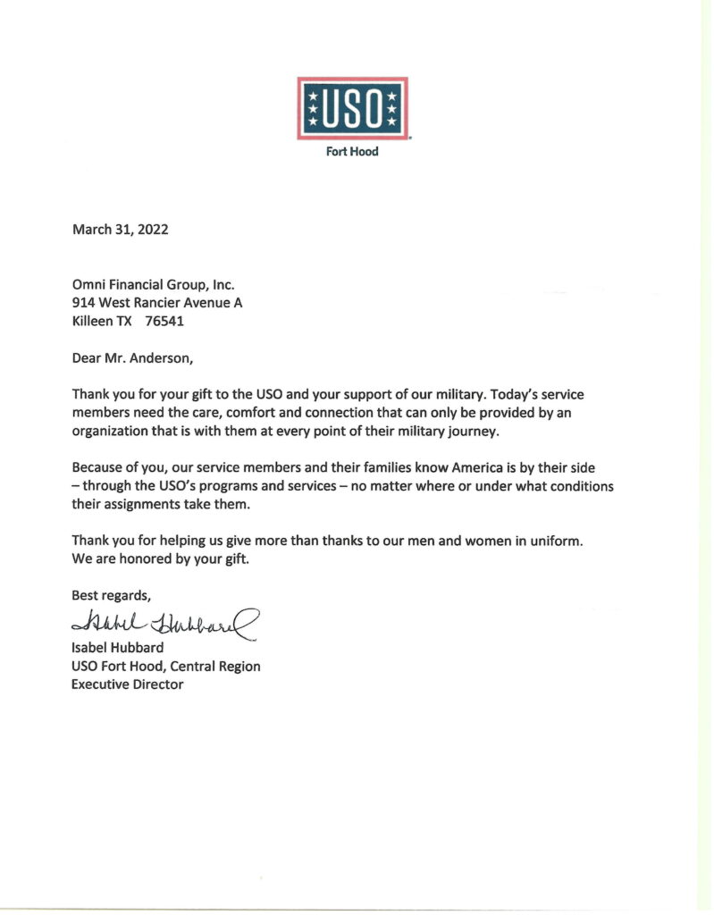 USO Sponsorship Thank You Letter