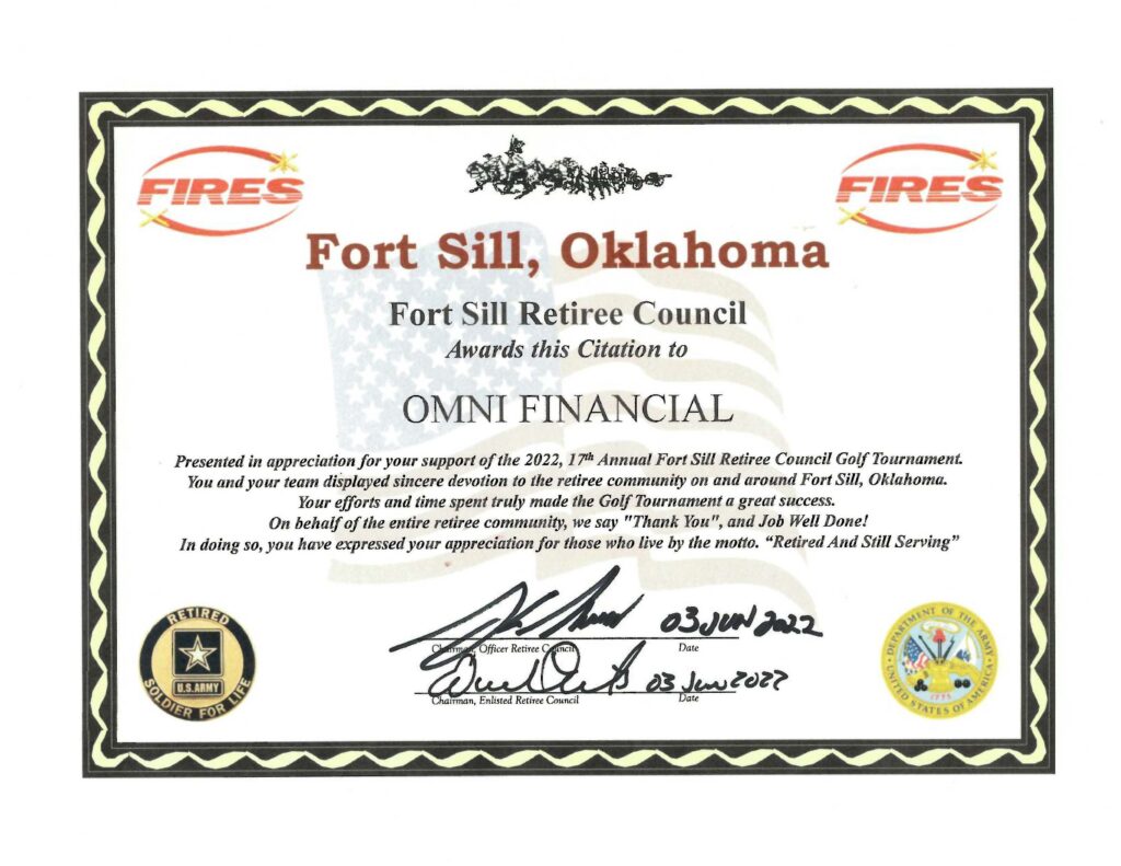 Fort Sill Retiree Council Certificate of Appreciation