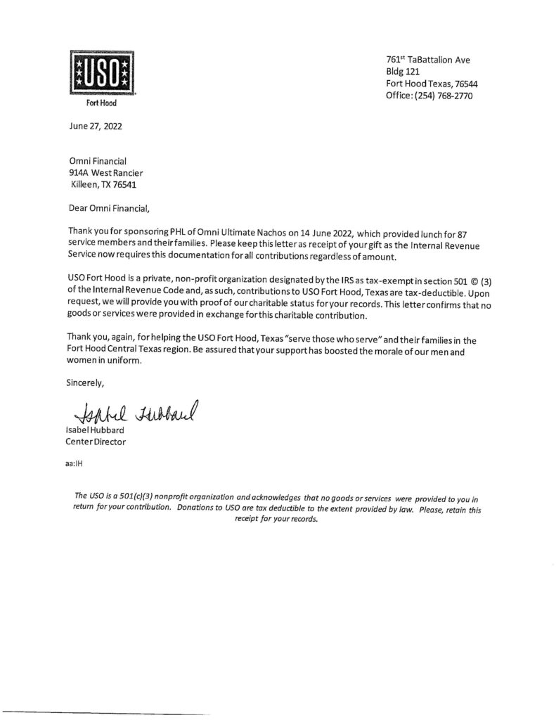 USO Sponsorship Thank You Letter