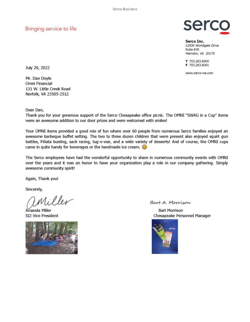 SERCO Picnic Letter of Appreciation