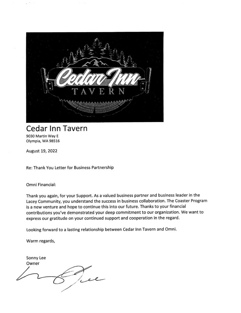 Cedar Inn Tavern Thank You Letter