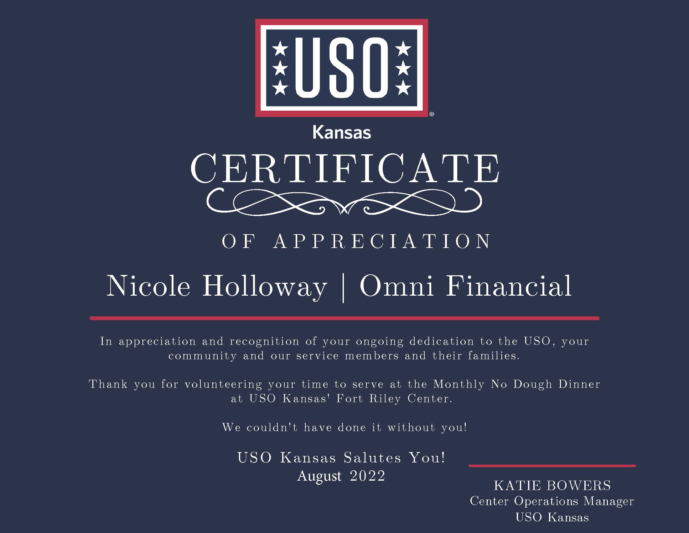 USO Kansas No Dough Dinner Certificate of Appreciation