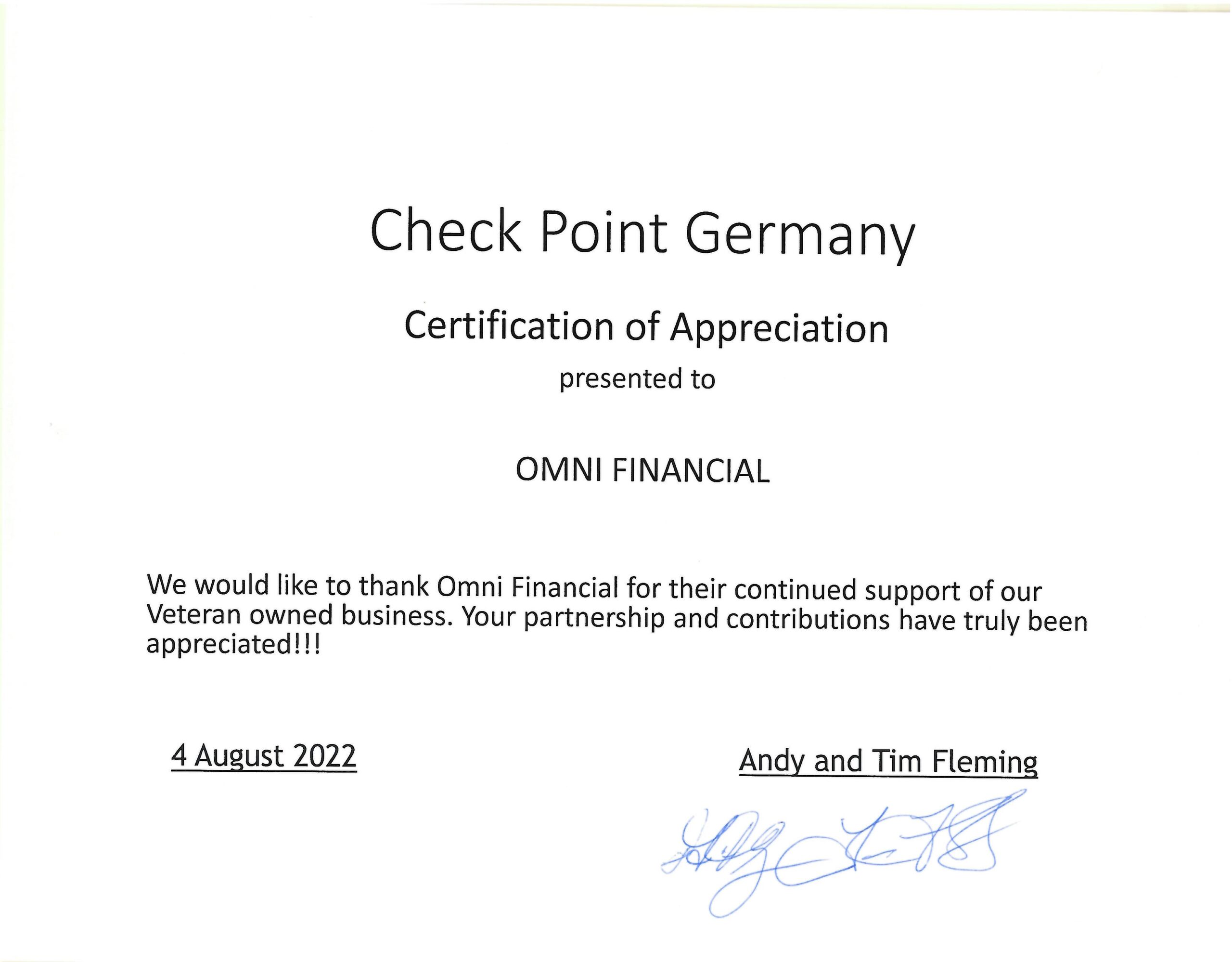 Check Point Germany Certificate of Appreciation
