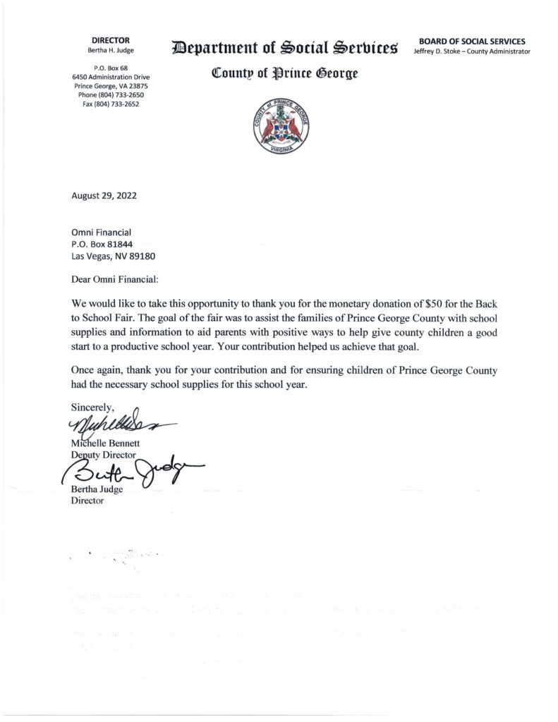 Prince George County Department of Social Services Thank You Letter