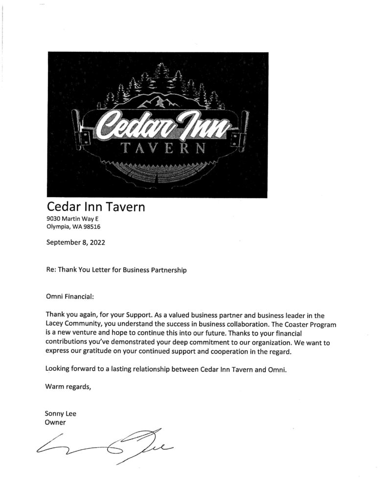 Cedar Inn Tavern Thank You Letter
