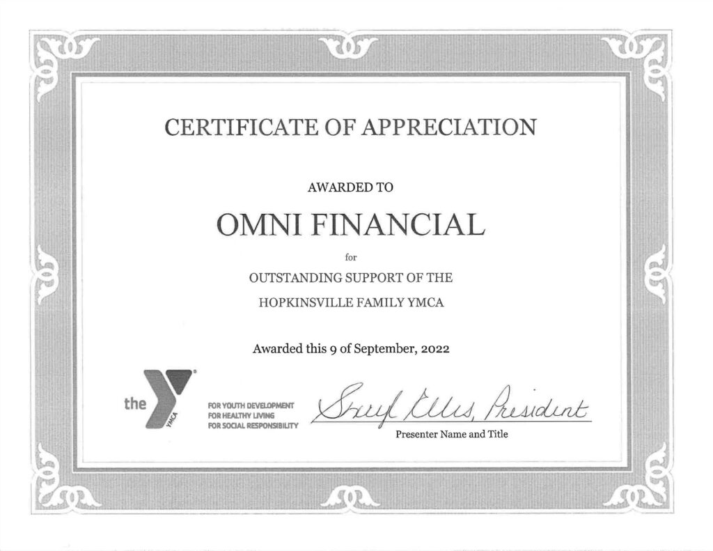 Hopkinsville YMCA Certificate of Appreciation