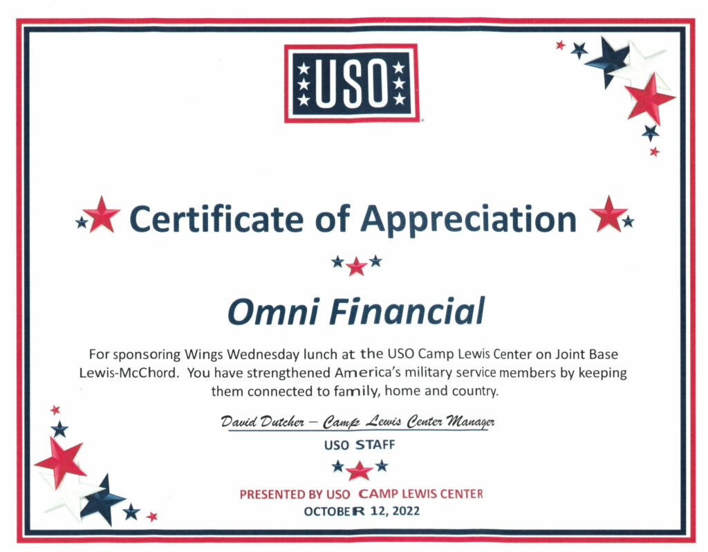 USO Wing Wednesday Certificate of Appreciation