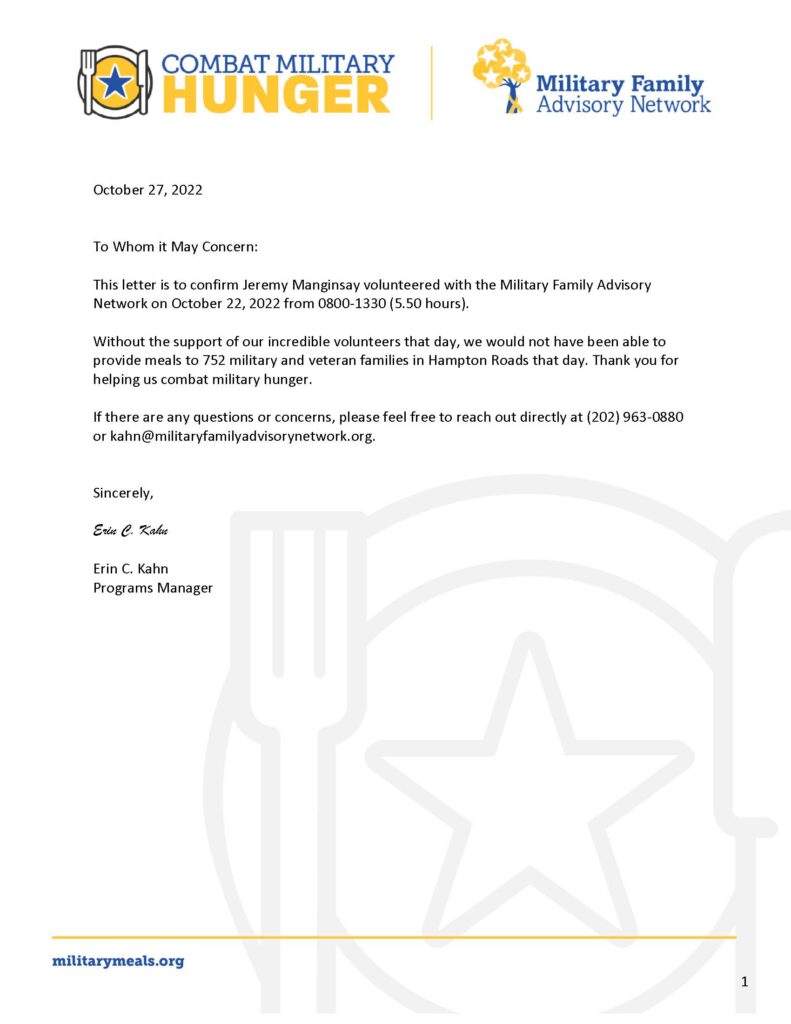 MFAN Combat Military Hunger Thank You Letter