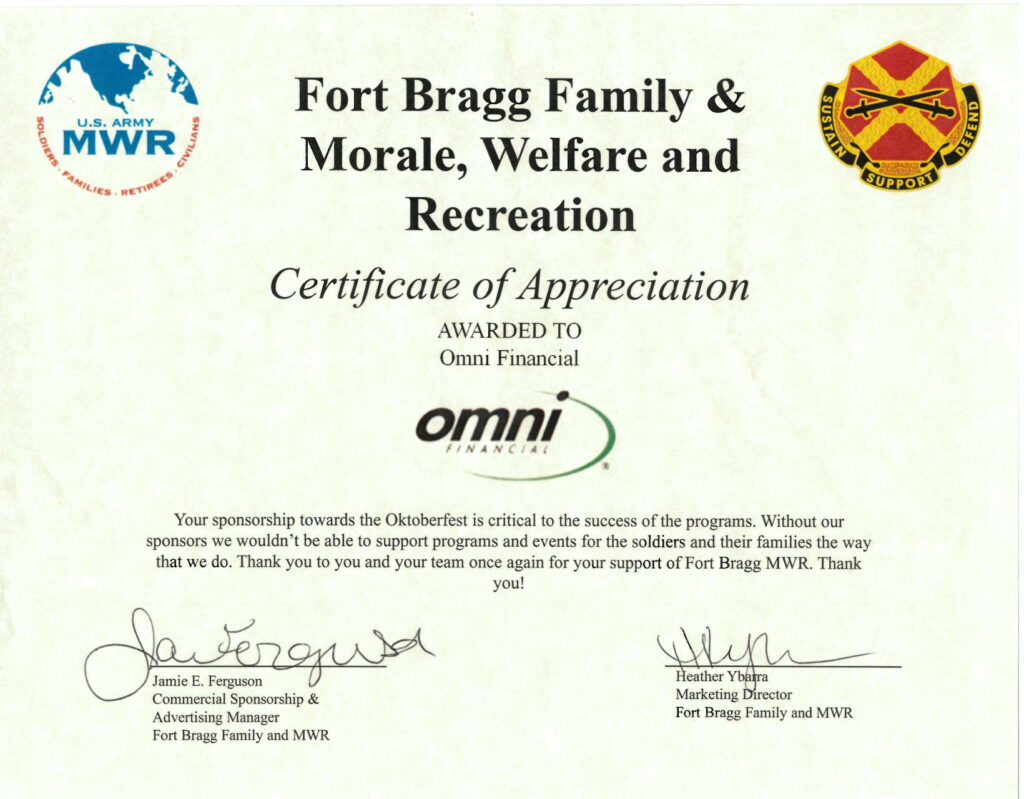 Fort Bragg Oktoberfest Certificate of Appreciation