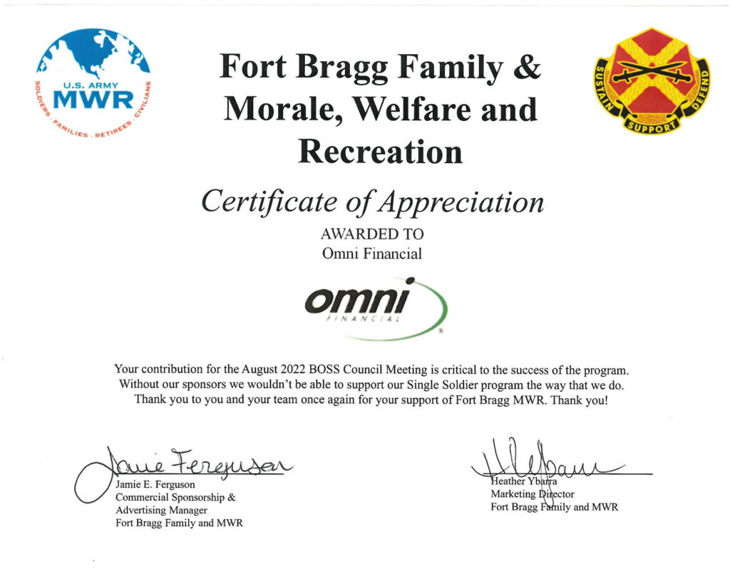 Fort Bragg BOSS Council Meeting Certificate of Appreciation