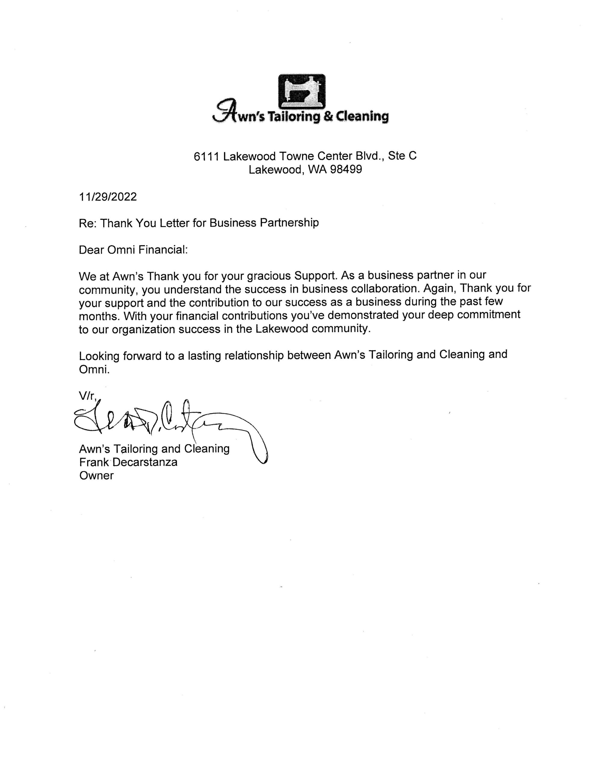 Awn’s Tailoring & Cleaning Thank You Letter
