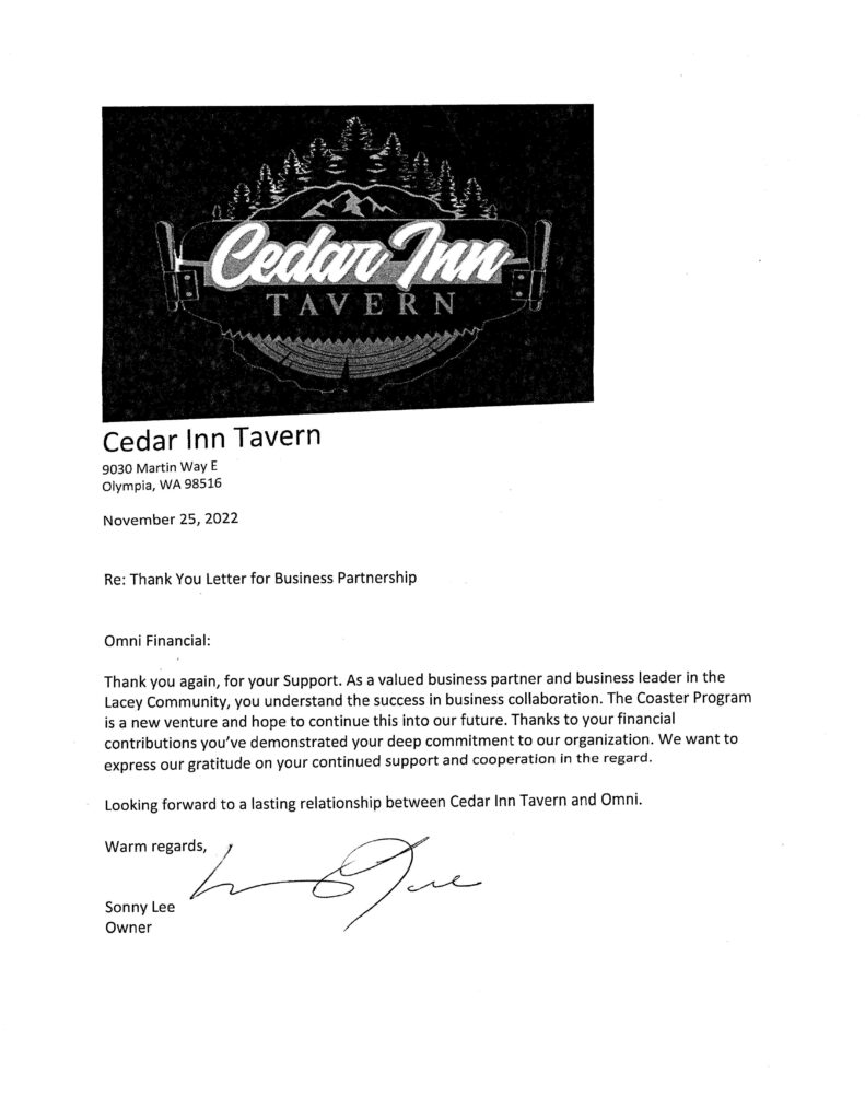 Cedar Inn Tavern Thank You Letter