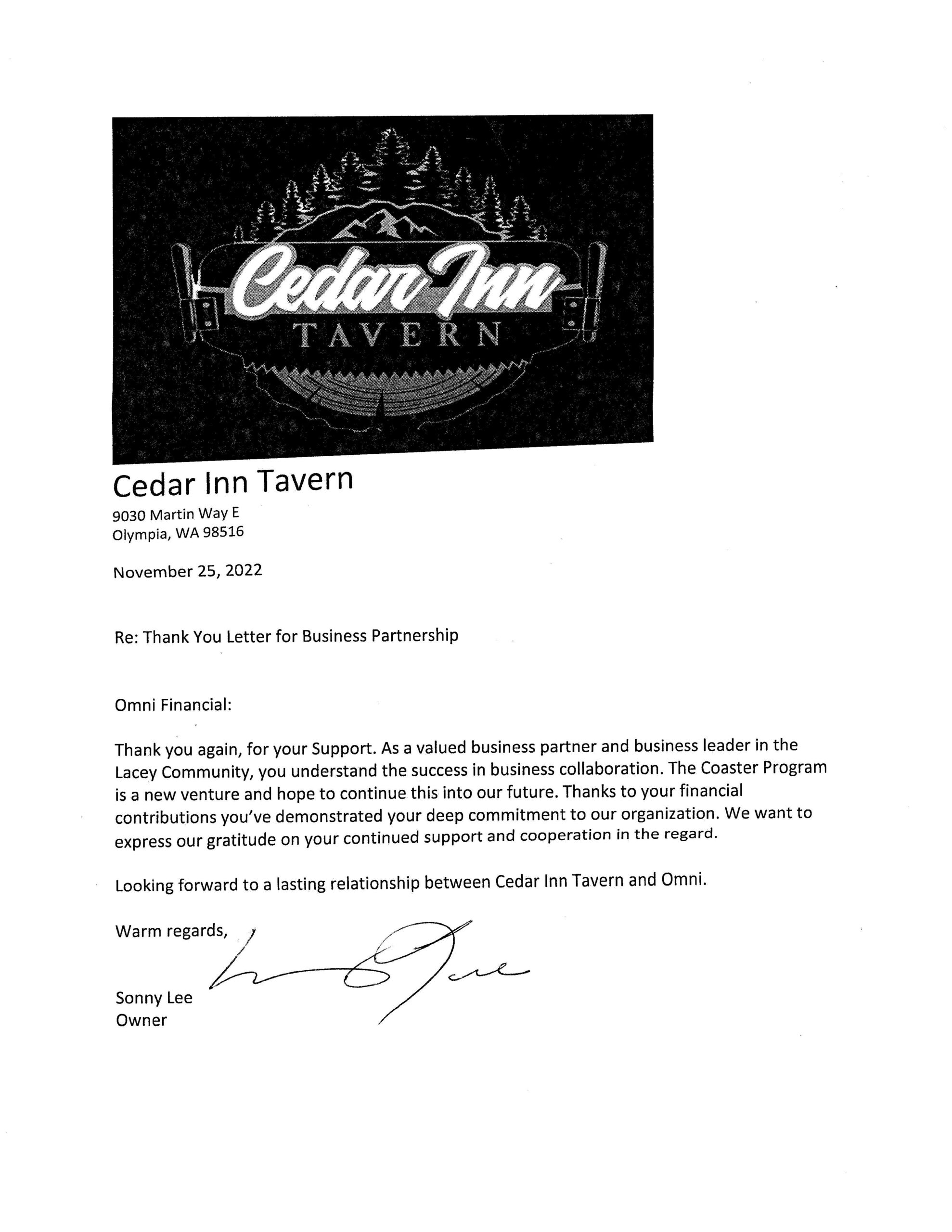 Cedar Inn Tavern Thank You Letter