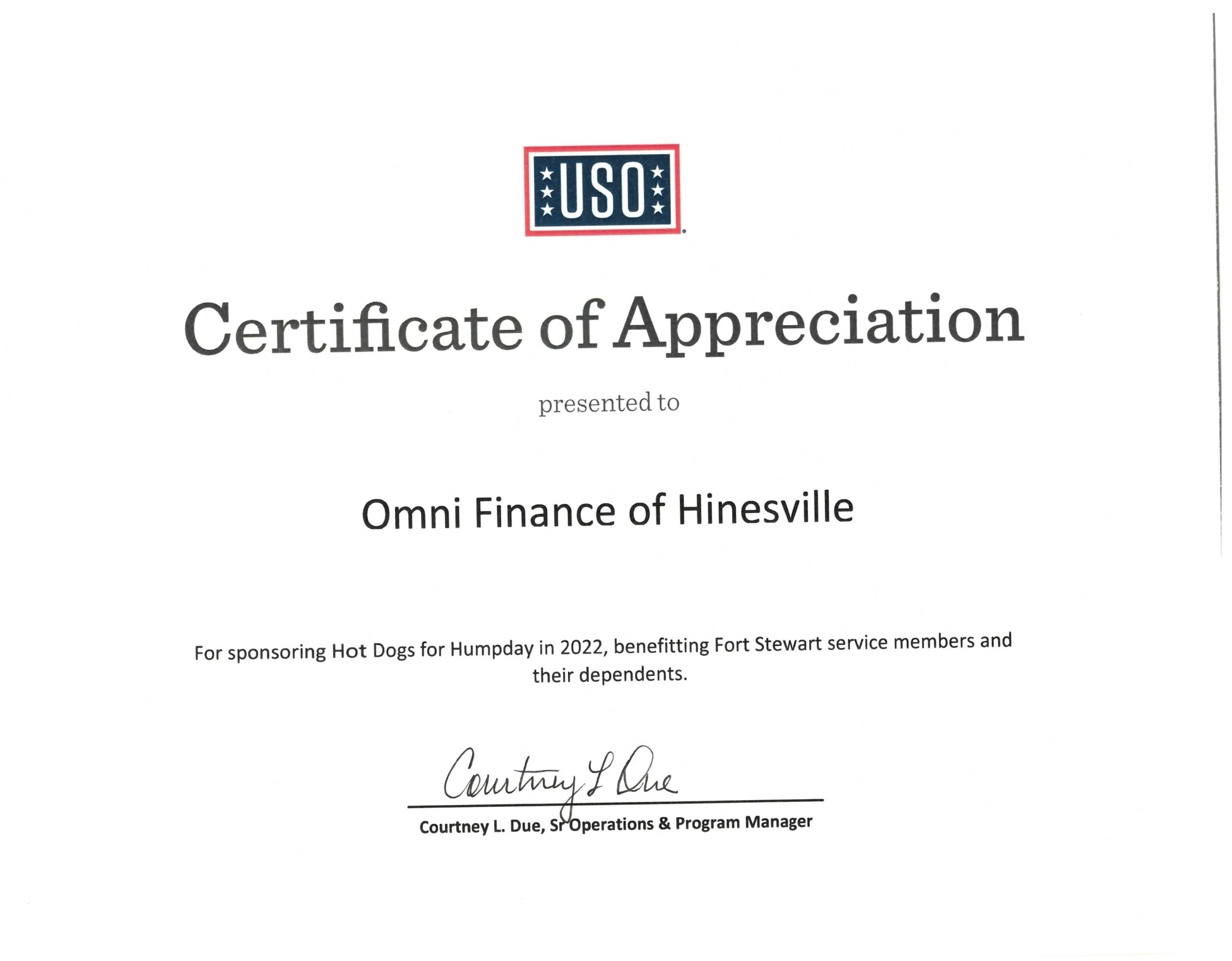 USO Hot Dogs for Hump Day Certificate of Appreciation