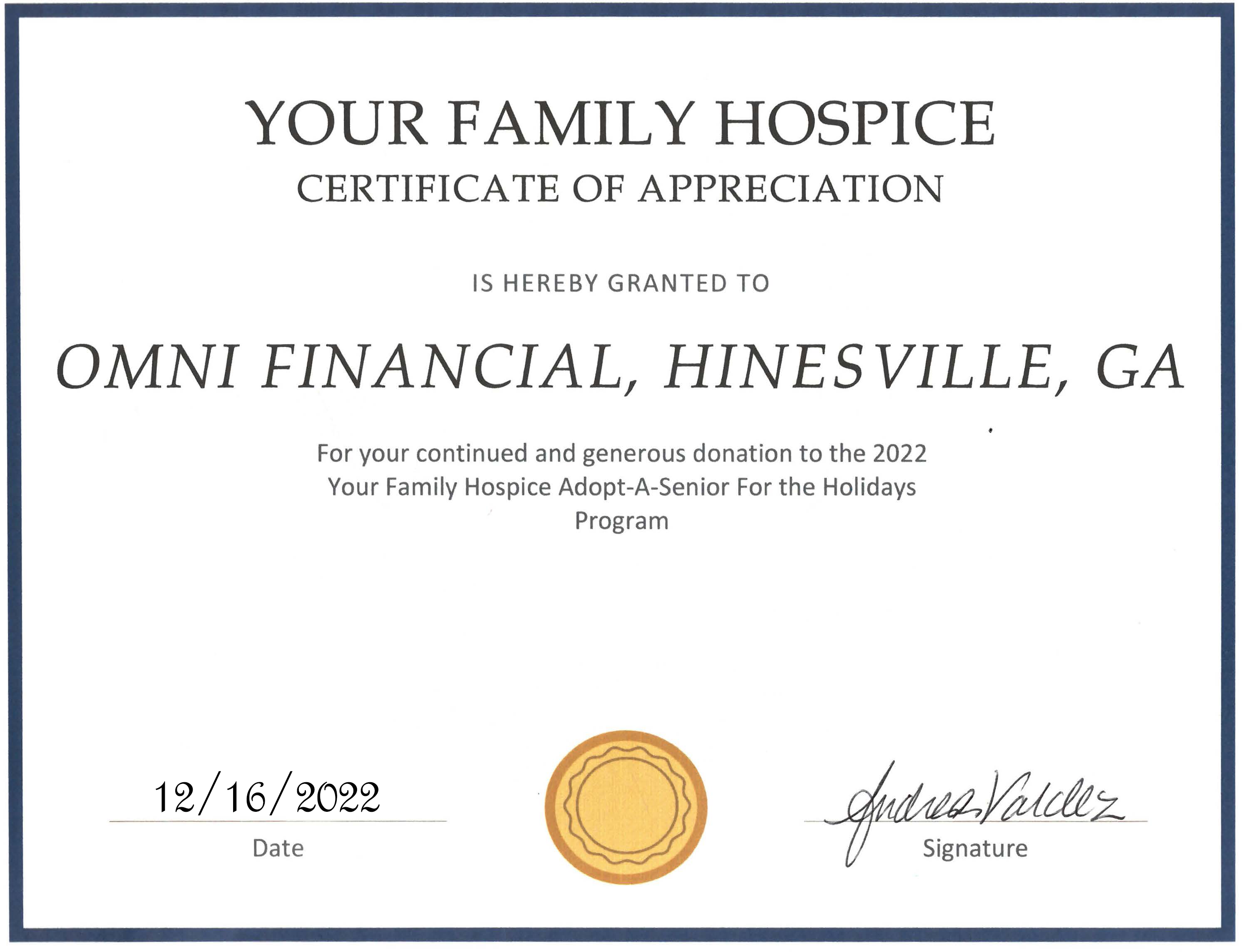 Your Family Hospice Certificate of Appreciation