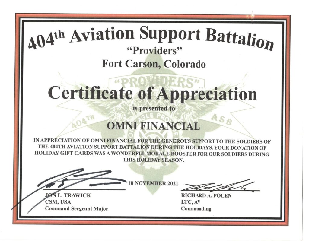 404th Aviation Support Battalion Certificate of Appreciation
